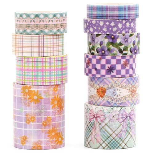 10 Rolls Vintage Floral Washi Tape Set Pastel Plaid Arts Adhesive Tapes Soft Colors Decorative Masking Tape Sets for Craft, Kids, Scrapbook, DIY, Gift Wrapping (Lavender Lace) - color: Lavender Lace