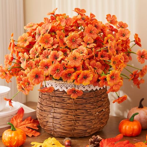 16 Bundles Orange Artificial Flowers for Outdoors Artificial Mums for Outdoor Porch Window Box Thanksgiving Decor - color: Orange, size: 15inches-16pcs
