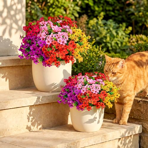 Artificial Flowers for Outdoors, Faux Plants Flowers, 16 Bundles Silk Colorful Fake Flowers Eucalyptus Realistic UV Resistant for Outside Home Planter Porch Patio Yard Decor (16, 4 Colors Flowers) - color: 4 Colors - 2