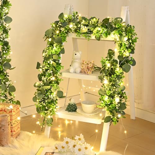 2Pcs Eucalyptus Garland with Lights, Greenery Garland, Green Garland with Flowers, 5.9FT Artificial Faux Eucalyptus Leaves Vines for Table Mantle Home Wedding Party Indoor Outdoor Decor - color: Eucalyptus Garland With Lights, size: 2Pcs