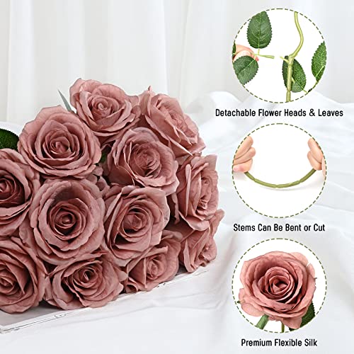 Waipfaru 16 Pcs Artificial Flowers Fake Silk Dusty Roses, Faux Real Touch Roses Bouquet with Long Stem for Wedding Party Home Decor (Dusty Rose) - color: B-dusty Rose, size: 16 Pcs