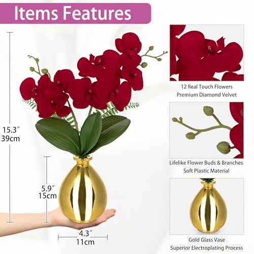 Oairse Red Orchids Artificial Flowers, Faux Orchid in Glass Vase Real Touch Small Phalaenopsis Orchid Flowers Arrangements with Gold Vase Orchids Centerpiece for Dining Room Table - color: Red & Gold