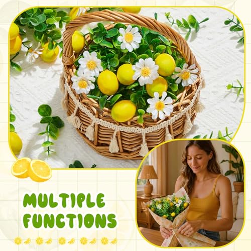 10 Pack Artificial Lemon Branches Decoration Fake Lemon Stems with Green Leaves and Daisies for Farmhouse Home Wedding Birthday Table Centerpiece & Party Arrangement - style: Lemon