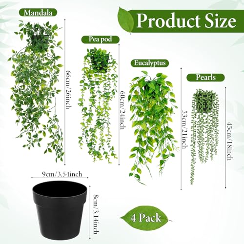 SHENLIU Artificial Hanging Plants for Shelf, 4 Pack Fake Potted Greenery Plant Faux Eucalyptus Vine, Mandala Vine, String of Pearls, Pea pod Leaves in Pot for Office Home Garden Indoor Outdoor Decor