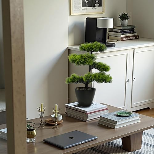 Artificial Bonsai Tree Juniper Indoor - Small Fake Bonsai Pine with Ceramic Pot 13" Tall for Home Decoration Bedroom Living Room Table Study Cafe Positive Office Decor Lifelike Greenery Tree - color: Pine-black Pot