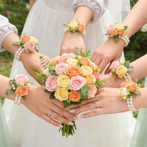 Fumwase 16 Pieces Elastic Stretch Pearl Corsage Wristlet Bracelet Adjustable Wrist Corsages Bands for Flowers Wedding Bridal Shower Graduation Party