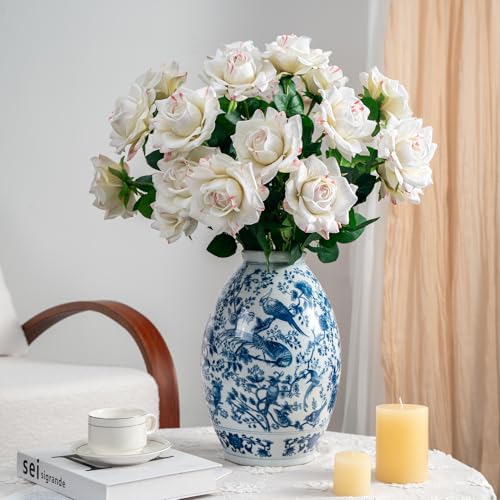 Artificial Flowers Artificial Roses Fake Roses 23.2In Long Stem Artificial Flowers for Tall Vase Silk Rose Suitable for Wedding Decor Valentine's Day DIY Bouquet Spring,Pattern White,20PCS - color: Pattern White