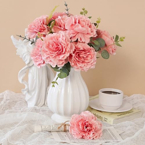 Pink Carnations Artificial Flowers 10Pcs Large Carnations Heads Lush Silk Flowers Bouquet with Stems for Wedding Bouquets Bridal Home Table Centerpieces(Pink) - color: Pink