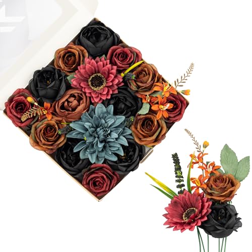 FANKO Artificial Flowers for DIY, Black Burgundy Brown Faux Flowers Bouquet, Fake Rose Dahlia Lily Silk Flowers for Vase, Home Decor, Rustic Wedding, Gothic Events, Party, Themed Birthday - color: Retro Black Brown