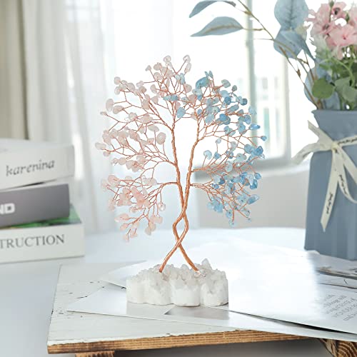 mookaitedecor Natural Rose Quartz & Aquamarine Crystal Tree with Double Heart Rock Quartz Crystal Cluster Stone Base Bonsai Money Tree of Life Home Wedding Decoration - color: Pink & Blue