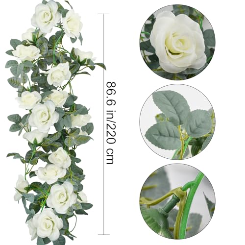 Flower Garland Rose Vine 4Pcs 28FT Artificial Floral Garland with Green Leaves Hanging Rose Vine for Wedding Party Garden Home Wall Decor (White) - color: White