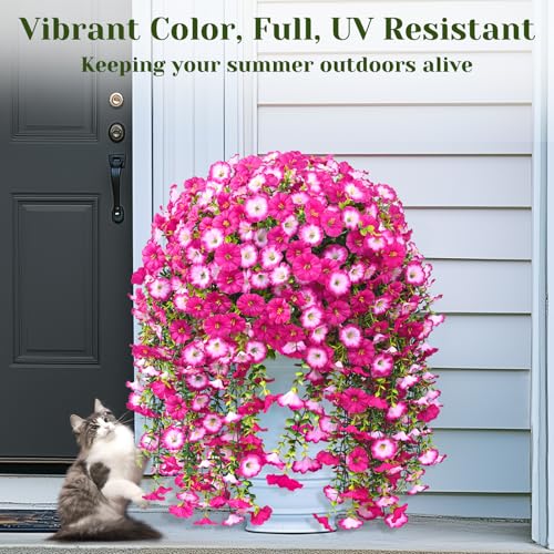Dolicer 2 Packs Look Real Artificial Flowers for Outdoors, Fake Artificial Hanging Flowers for Outdoors Realistic UV Resistant Hanging Flowers Silk Petunia Faux Flowers for Porch Patio(Mixed Fuchsia) - color: Mixed Fuchsia, size: 2 packs