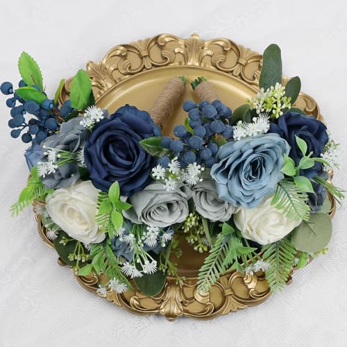 Bridesmaid Bouquets for Wedding - 7 Inch Artificial Flowers Bouquets for Ceremony Anniversary Centerpieces Decorations - Navy Blue and White - color: Navy Blue & White, size: Set of 1 Bridesmaid Bouquets
