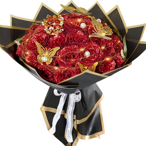 Red Glitter Roses Bouquet, 36 Pcs Shiny Glitter Flowers Bouquet, Everlasting DIY Artificial Roses Bouquet for Christmas, Birthday, Anniversary, Wedding, Engagement - color: Red-a, size: 36 PCS