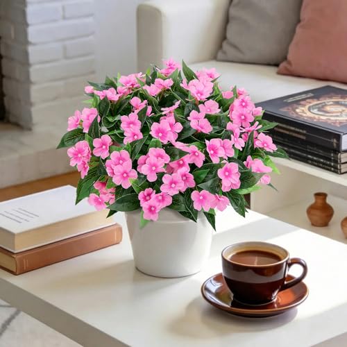 Roberly 6 Bundles Artificial Flowers for Outdoors, Faux Silk Catharanthus Roseus Flowers Bouquet Fake Greenery Plant for Spring Summer Garden Patio Porch Window Box Table Home Decor, Pink - color: Pink