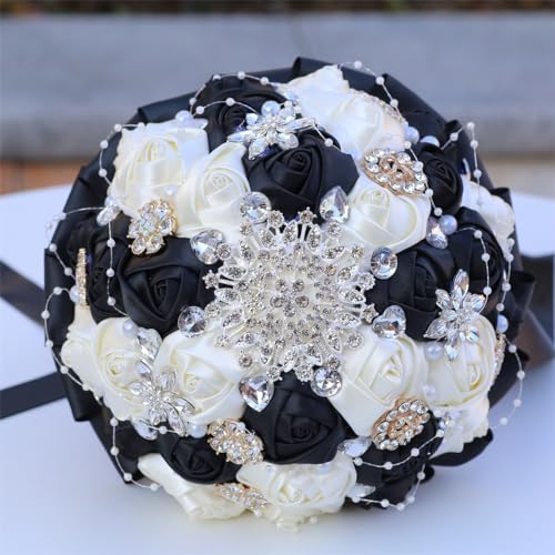 9.8" Black & Ivory Bridal Wedding Bouquet Round Holding Bouquet Throw Toss Artificial Rose Flower Bunch for Bride Bridesmaid Wedding Quinceanera - color: Black & Ivory, size: Large (Dia. 9.8"/25cm)