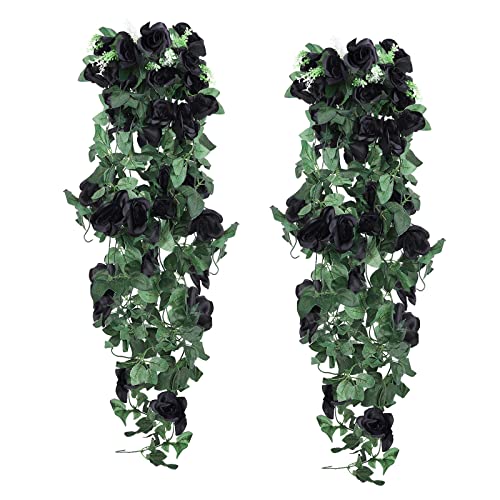 RECUTMS Artificial Black Rose Hanging Flowers Plants, 2PCS 37 Inches Fake Floral Halloween Garlands for Home Front Porch Garden Wedding Backdrop Wall Hanging Victorian Indoor Outdoor Party Decor - color: Black, size: 2 pcs