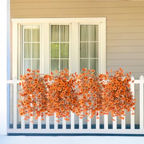 Homsunny Artificial Fake Fall Flowers Faux Mums for Outdoor Decoration, 2 Pcs Fake Silk Daisy Flower Plants Realistic UV Resistant for Home Porch Balcony Patio Autumn Decor(Orange - color: Orange
