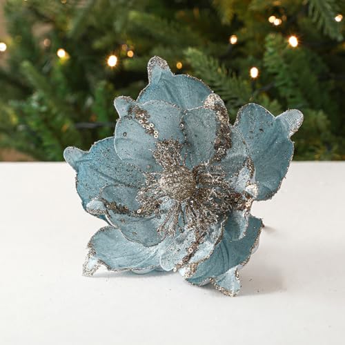 vctops 6 Pcs Poinsettia Artificial Flowers Christmas Tree Ornaments Velvet Glitter Magnolia Flowers for Xmas New Year Party Wedding Holiday DIY Decorations,Blue - color: Blue