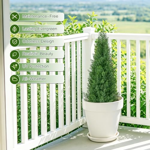 2 Pack 3ft Artificial Cedar Topiary Trees with Ground Spike, UV Resistant Fake Plants Front Porch Décor, Lifelike Artificial Plants Indoor Fake Tree Faux Plants for Home Living Room Offices - color: Cedar-1