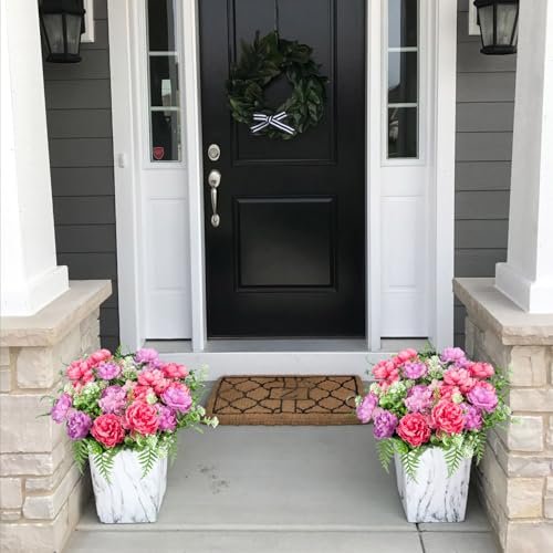 6 Bundles Peonies Artificial Flowers for Outdoors UV Resistant Faux Peony with Hydrangea Fake Flowers Silk Flowers for Outside Front Porch Garden Window Box Planters Decor (Pink, Purple) - color: Pink, Purple