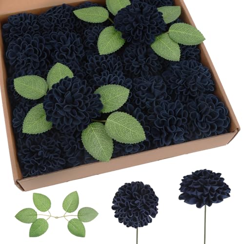 25Pcs Navy Blue Dahlia Foam Flowers Artificial Dahlias Realistic Fake Roses with Stems for DIY Wedding Bouquets Party Table Centerpieces Home Decorations (Navy Blue) - color: Navy Blue