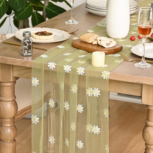 Artoid Mode Fern Green Daisy Gauze Embroidery Table Runner 120 Inch 10FT, Tulle Seasonal Spring Kitchen Dining Holiday Table Decor for Home Party - color: Fern Green