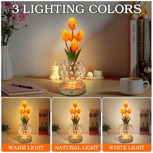 Cordless Tulip Flower Lamps, 3 Colors Touch Stepless Dimming Crystal Night Light, Rechargeable Artificial LED Flower with Vase Lamp Romantic Decor for Mothers Day,Xmas,Birthday (Pink) - color: Pink