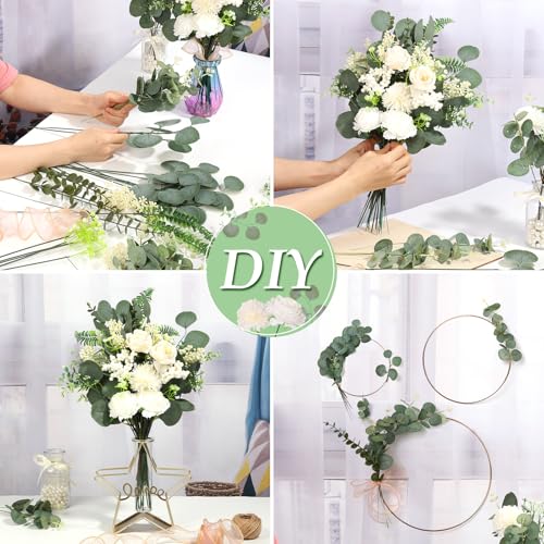 120PCS 15 Kinds Artificial Eucalyptus Stems Mixed Faux Eucalyptus Stems Leaves and Flowers Bulk Silver Dollar Eucalyptus Stems for Floral Arrangements Wedding Home Vase Bouquet Greenery Decoration - color: Sage Green & White