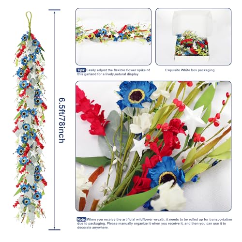 6.5Ft Patriotic Garland, Artificial Red White Blue Wildflower 4th of July Garland, Independence Day Memorial Day Hanging Floral Garland for Mantle Fireplace Porch Table Home Decor - color: Red White and Blue01