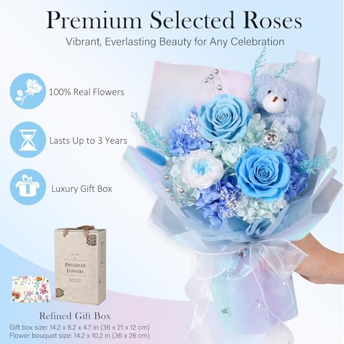 Preserved Flowers Bouquet with Bear, Real Forever Flowers for Delivery, Long-Lasting Blue Eteranl Roses Bouquet, Anniversary Birthday Gifts for Women Mom Her Girlfriend Wife - color: Blue