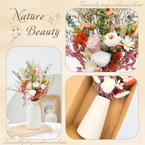 17" Dried Flower Bouquets with Vase Included, 100% Natural Dried Flowers with Forever Pink Roses,Bunny Tails,Eucalyptus Rustic Boho Decor for Home,Party Fall Decor - color: Pink Rose With Vase