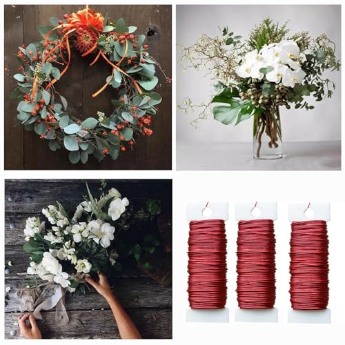 3 Rolls 22 Gauge Red Paddle Wire Flexible Floral Wire for Flower Arrangement, Wreath, Garland - color: Red
