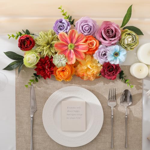 Garisey Artificial Flowers Combo, Mix Silk Flowers Roses, Peonies, Dahlias with Stems for DIY Wedding Bridal Bouquet, Baby Shower, Table Centerpiece, Home Decor, Fake Floral Arrangements-Rainbow Color - color: Rainbow Colorful