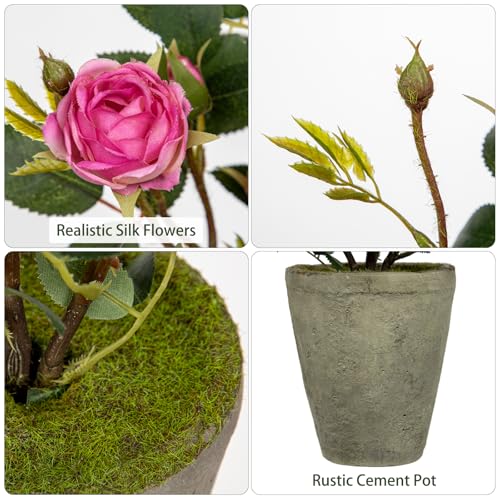 Hollyone Artificial Flower Plants Camellia Pink Roses Faux Potted Plant with Cement Pot Fake Silk Flower Rose Camellias Flower Arrangement Office Home Decor Bathroom Shelf Desk Decoration 15 Inch - color: Pink