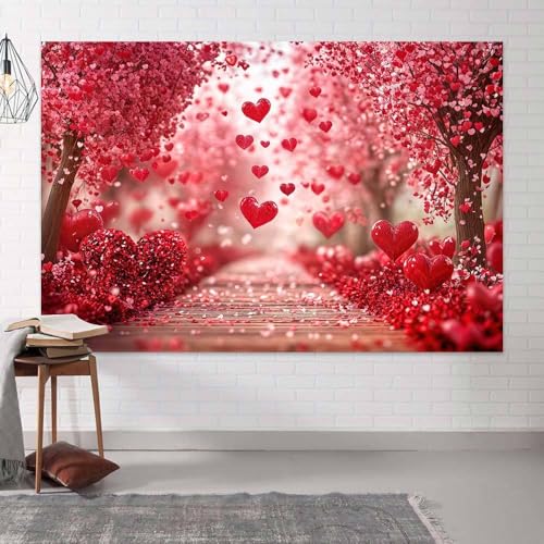 Valentine's Day Backdrop, Pink Red Hearts Petals Pathway Romantic Photography Background for Girls Women Birthday Weeding Bridal Shower Party Decorations Banner Photo Studio Props 5X3FT - color: Pink and Red, size: 5X3FT