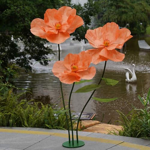 Large Paper Artificial Flowers,Giant Flowers for Decoration,Huge Handcrafted Poppy Fake Flowers with Stand for Home Decor Bridal Shower Party Outdoors Yard Event Backdrop Decor (Orange) - color: Orange