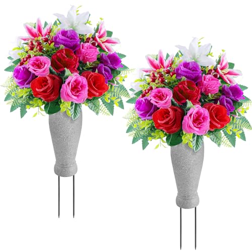 Consevisen Artificial Cemetery Flowers for Grave with Vase, Set of 2 Silk Rose Lily and Red Berry Realistic Memorial Bouquets with Resin Vases, Outdoor Grave Decorations for Headstones