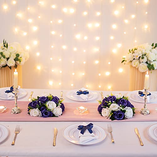 BLOSMON Navy Blue Flowers for Centerpieces: 10 Pcs Artificial Roses Flower Balls for Wedding Table - Fake Silk Kissing Bouquet Floral Arrangement for Home Party Event Decoration - color: Navy Blue & White