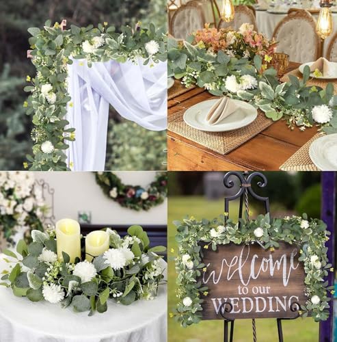 2 Pack Artificial Eucalyptus Garland with Butterfly Chrysanthemum Babys Breath Flowers 5.9Ft Faux Vine Wreath Hanging for Wedding Arch Garden Porch