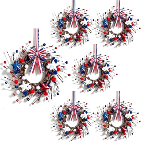 6 Pcs Mini 4th of July Hanging Wreaths for Cabinets with Berries Pom Poms Balls Artificial Small Independence Day Pillar Candle Rings Wreath for Home Kitchen Front Door Window Porch Wall Decor - color: Patriotic-14