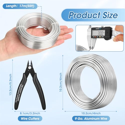 Modacraft 9 Gauge Aluminum Craft Wire - 55FT 3mm Bendable Armature Wire with 5-Inch Micro Flush Cutter - Perfect for Sculpting, Jewelry Making, Doll Making, Bonsai Training, and DIY Crafts - size: 9 Gauge