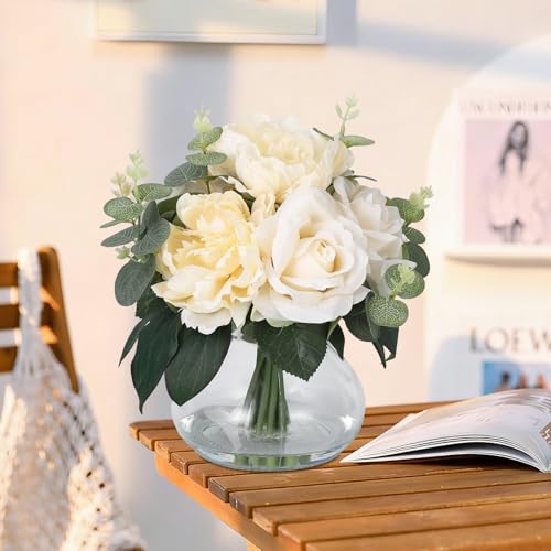 Lifelike Artificial Flower Arrangements with 4 Roses + 4 Peonies in Glass Vase with Faux Water for Wedding & Home Table Centerpieces - color: Peony & Rose With Faux Water, size: Champagne
