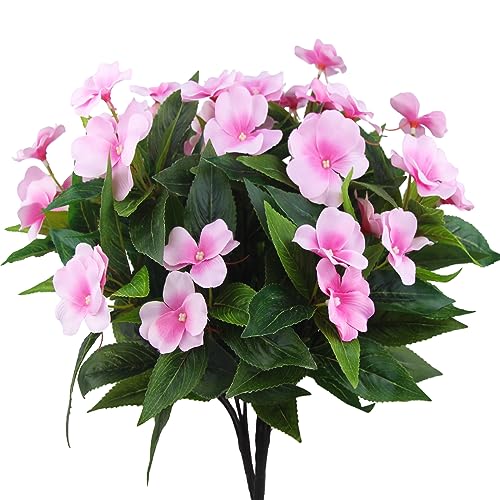 2 Branches Artificial Impatiens Flowers Faux Impatiens Bushes Pink Silk Flowers Greenery Artificial Impatiens Bouquet for Outdoors Patio Lawn Garden Pot Hanging Basket Porch Decoration - color: Pink