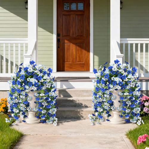 Artificial Fake Flowers Plants for Outdoor Spring Summer Decoration,2 PCS Faux Silk Morning Glory with Eucalyptus Leaves,UV Resistant Realistic Outdoor Flowers for Balcony Porch Patio Yard Garden - color: Mixed Color