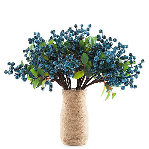 SHACOS Artificial Blue Berry Stems Pack of 20 Fake Blue Berries with Green Leaves 9.8 inch Fake Blueberries Picks for Spring Floral Bouquet Decorations Crafts Holiday Home Vase Decor Blueberry - color: Blue, size: 20 PCS