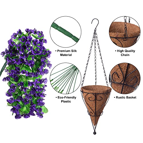 Ammyoo Artificial Hanging Flowers in 12 inch Basket, Fake Plant Silk Orchid Flower Arrangement with Coconut Lining Pot Planter for Patio Garden Porch Deck Spring Summer Decor(Dark Purple) - color: Dark Purple