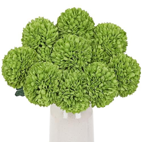 Briful 12 Pcs Artificial Green Chrysanthemum Stems – 11” Tall Silk Mums Flower Heads with Green Leaves, Flexible Stems for Fall Floral Pick Arrangements, Home, Wedding & Seasonal Decorations - color: 3.5'' Dia. 12pcs Green
