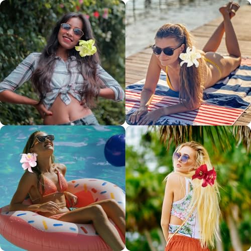 6Pcs Hawaiian Flower Hair Clips for Women,Plumeria Hair Clips Hibiscus Hair Barrettes, 3.5 Inch Boho Artificial Flower Clips, Cute Hair Accessories for Women Girls Summer Vacation Beach Party - color: Hawaiian Style Color B:Green, Lilac, Orange, Pink, Red