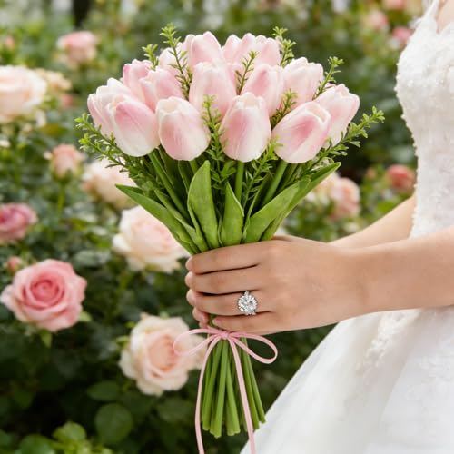 Artificial Tulips Bridal Wedding Festival Decor Bouquet Real Touch PU Flower Bouquet Pack of 20 (Light Pink) - color: Light Pink